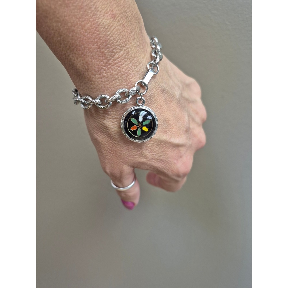 Vintage Reversible Enamel Charm Bracelet Silver Tone Floral Double Sided 7 Inch
